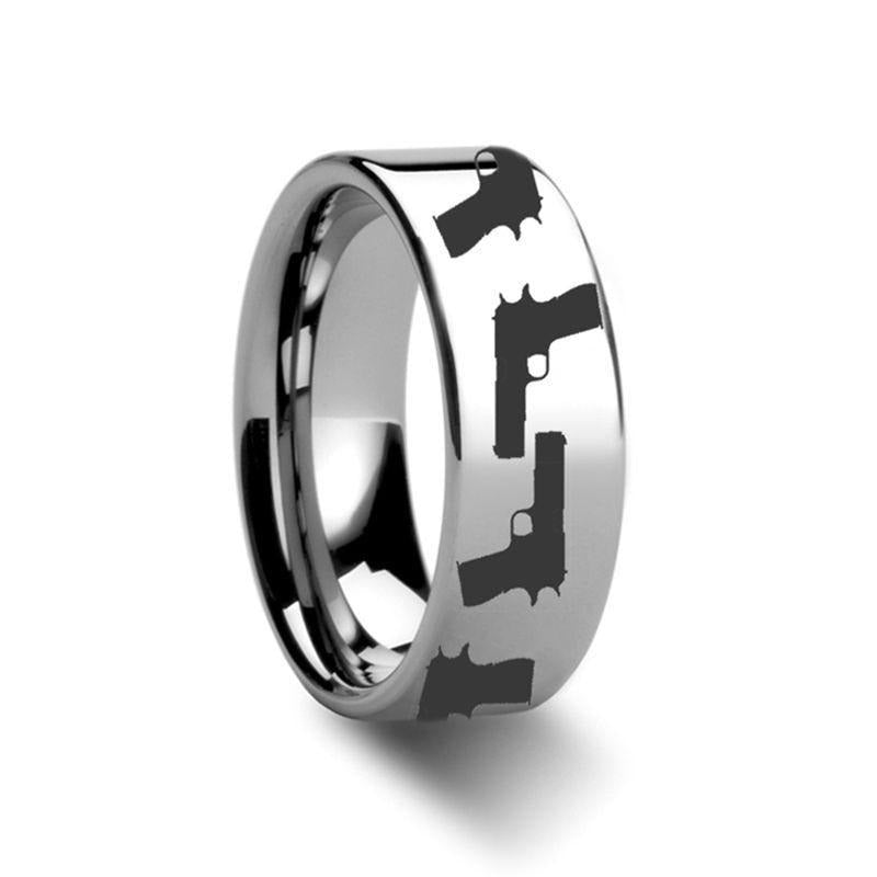 M1911 Firearm M1911 Design Engraved Flat Tungsten Ring - 4mm - 12mm - 6mm