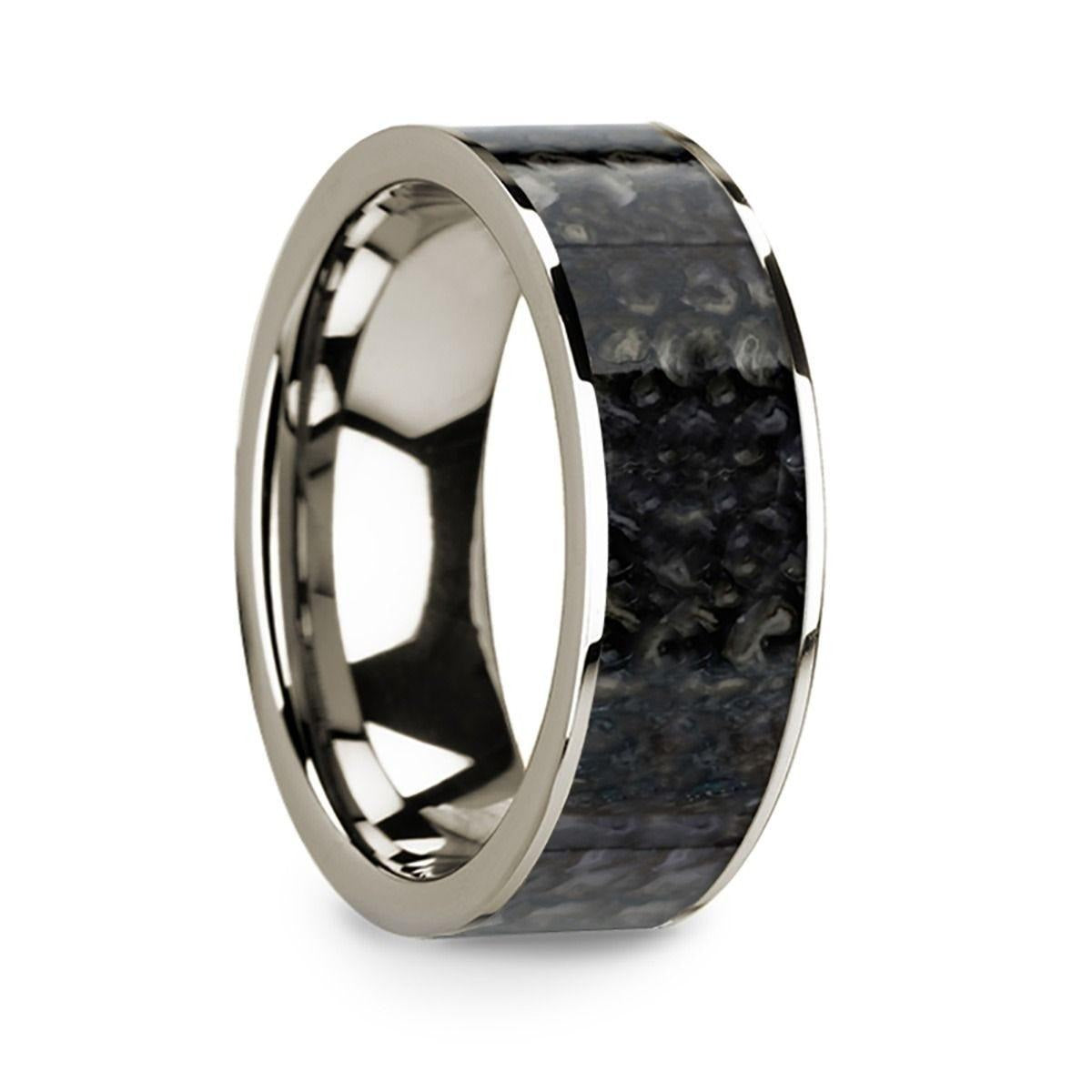 Flat 14k White Gold Ring with Blue Dinosaur Bone Inlay and Polished Edges - 8mm