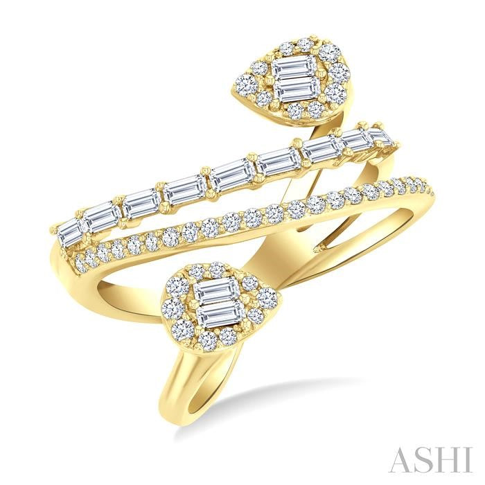 3/4 Ctw Pear Shape Fusion Baguette and Round Cut Diamond Fashion Wrap Ring in 14K Yellow Gold