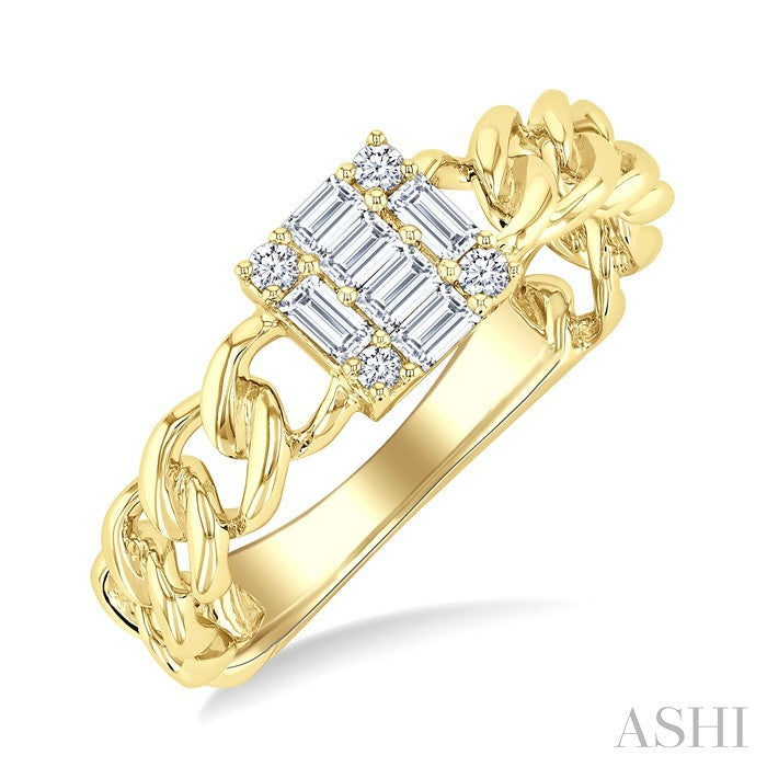 1/4 Ctw Fusion Baguette and Round Cut Diamond Curb & Cuban Link Fashion Ring in 14K Yellow Gold