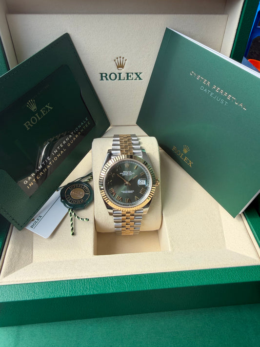 Rolex Datejust 18k/SS 41mm Olive Geeen Roman Dial Jubilee Bracelet Men's Watch 126333