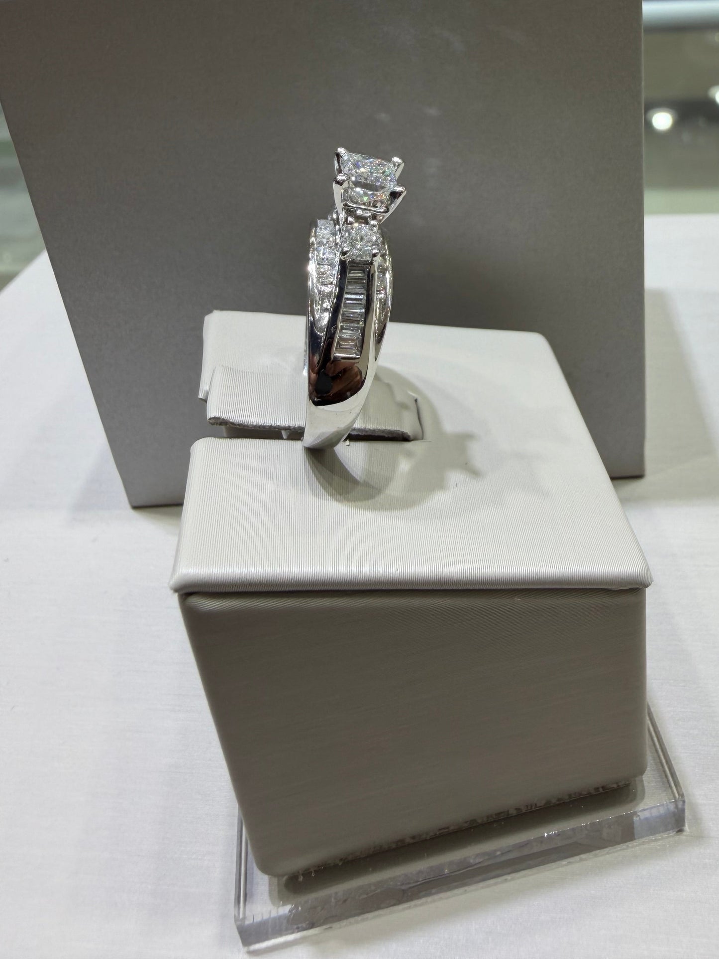 14K White Gold 1.45 CTW Natural Diamond Princess-Cut Engagement Ring with Baguette & Round Diamond Accents