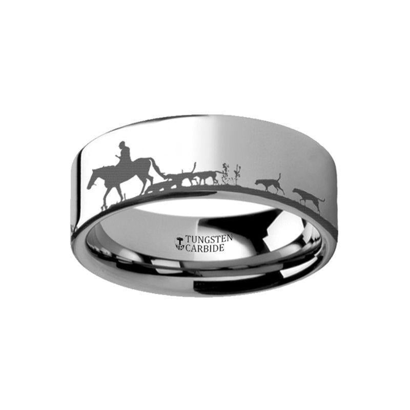 Animal Landscape Scene Fox Hunt Hunting Engraved Flat Tungsten Ring - 4mm - 12mm - 6mm