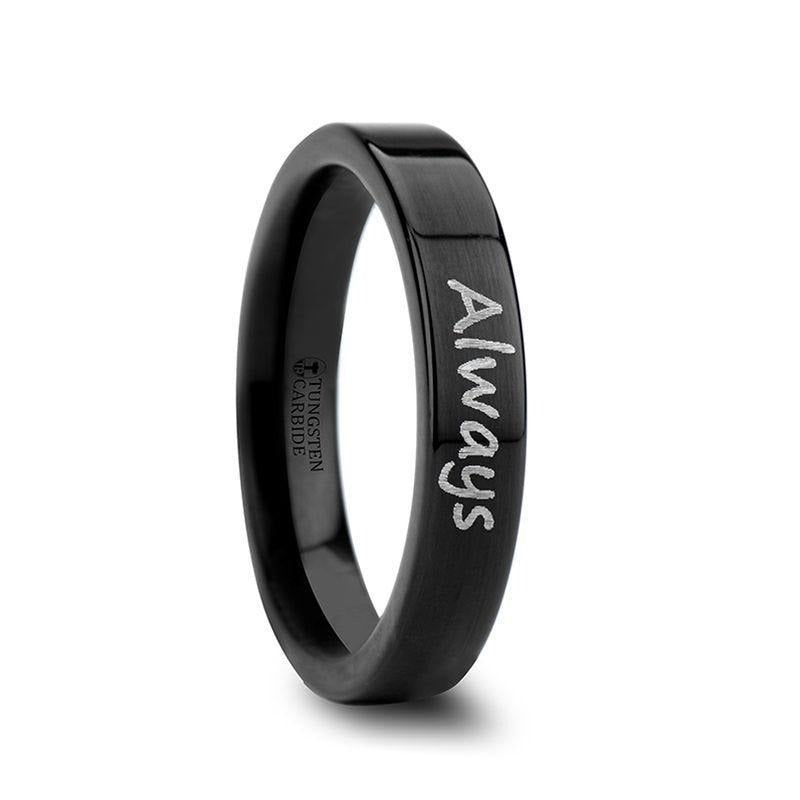Handwritten Engraved Flat Pipe Cut Black Tungsten Ring Polished - 4mm - 12mm - 6mm