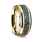 14K Yellow Gold Polished Beveled Edges Wedding Ring with Blue Dinosaur Bone Inlay - 8 mm
