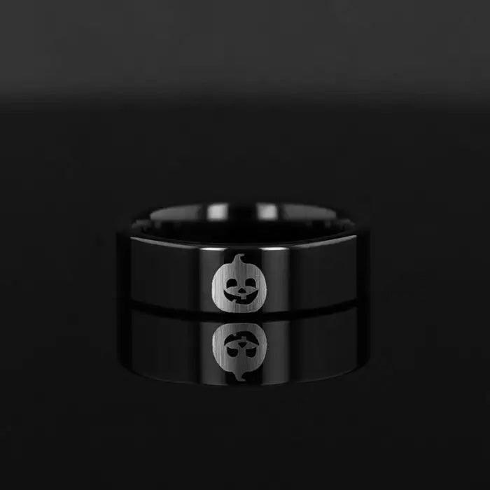 Happy Jack-O-Lantern Engraved Flat Polished Black Tungsten Ring (Morpheus) - 4mm - 12mm - 8mm