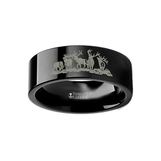 Animal Landscape Scene Five Deer Stag Hunting Engraved Flat Black Tungsten Ring - 4mm - 12mm - 6mm