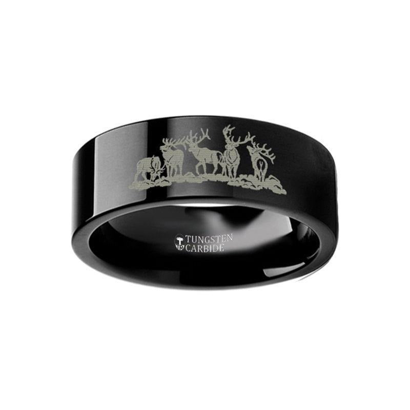 Animal Landscape Scene Five Deer Stag Hunting Engraved Flat Black Tungsten Ring - 4mm - 12mm - 6mm