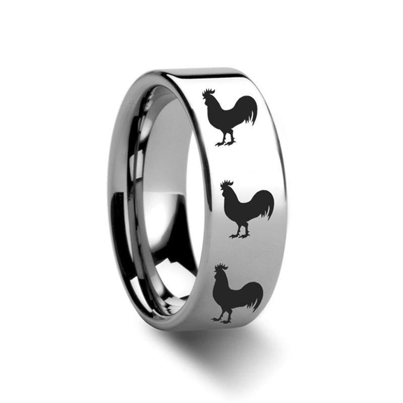 Animal Rooster Print Engraved Flat Tungsten Ring - 4mm - 12mm - 6mm