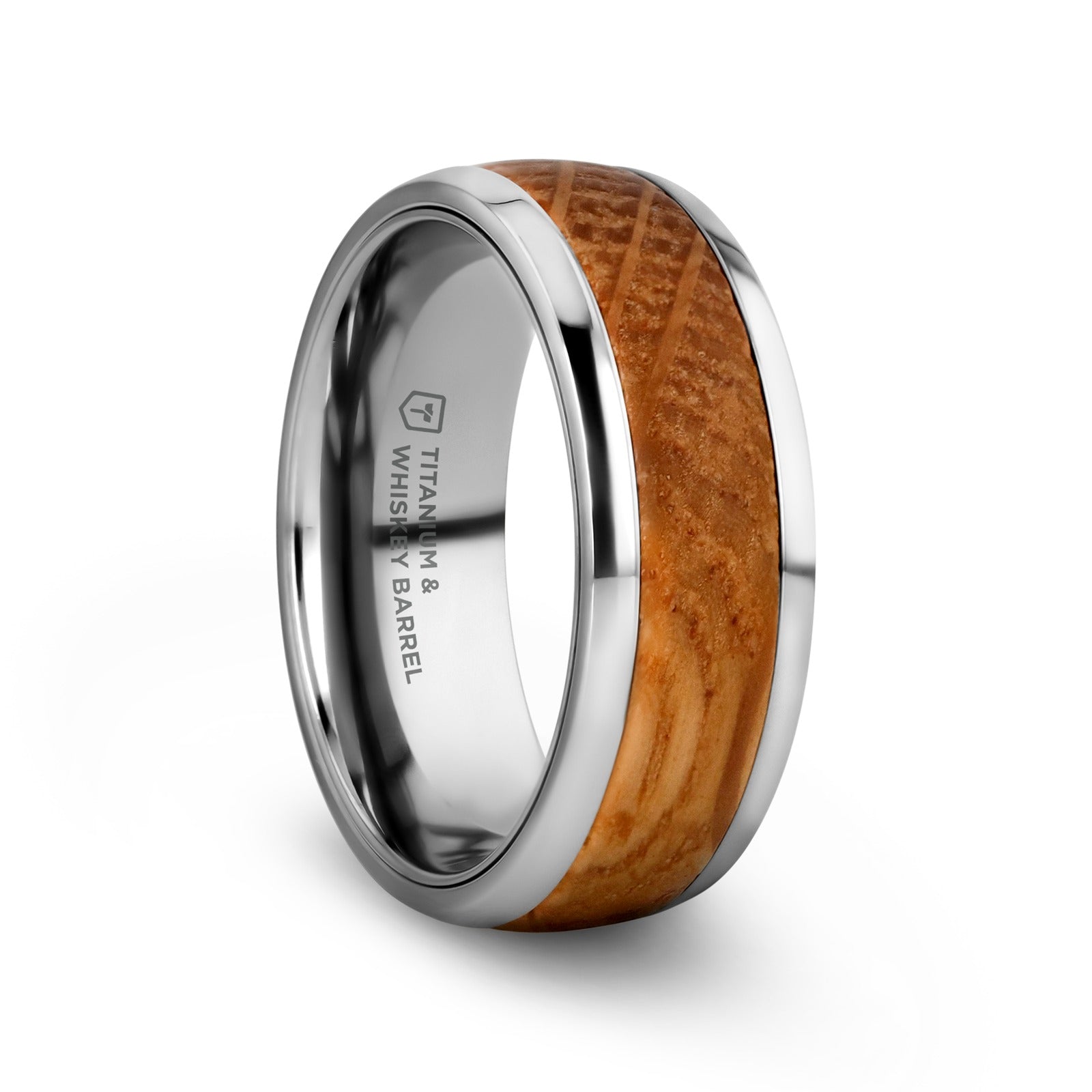 STAVE Whiskey Barrel Inlaid Titanium Men's Wedding Band With Domed Polished Edges Made From Genuine Whiskey Barrels - 8m