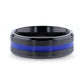 DECLAN Men’s Beveled Black Ceramic Brushed Finish Wedding Band with Polished Blue Stripe - 8mm