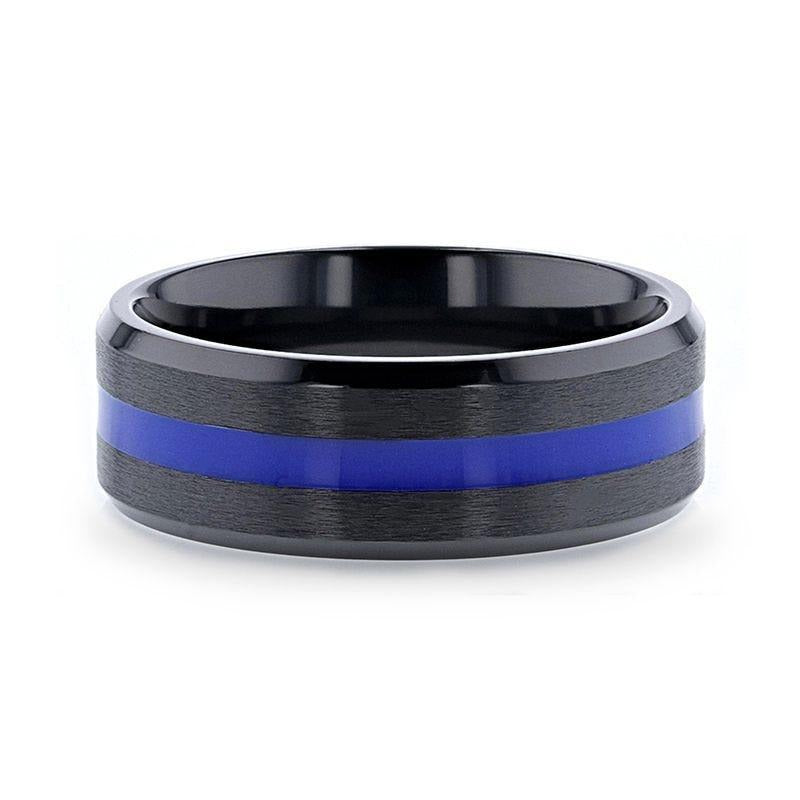 DECLAN Men’s Beveled Black Ceramic Brushed Finish Wedding Band with Polished Blue Stripe - 8mm
