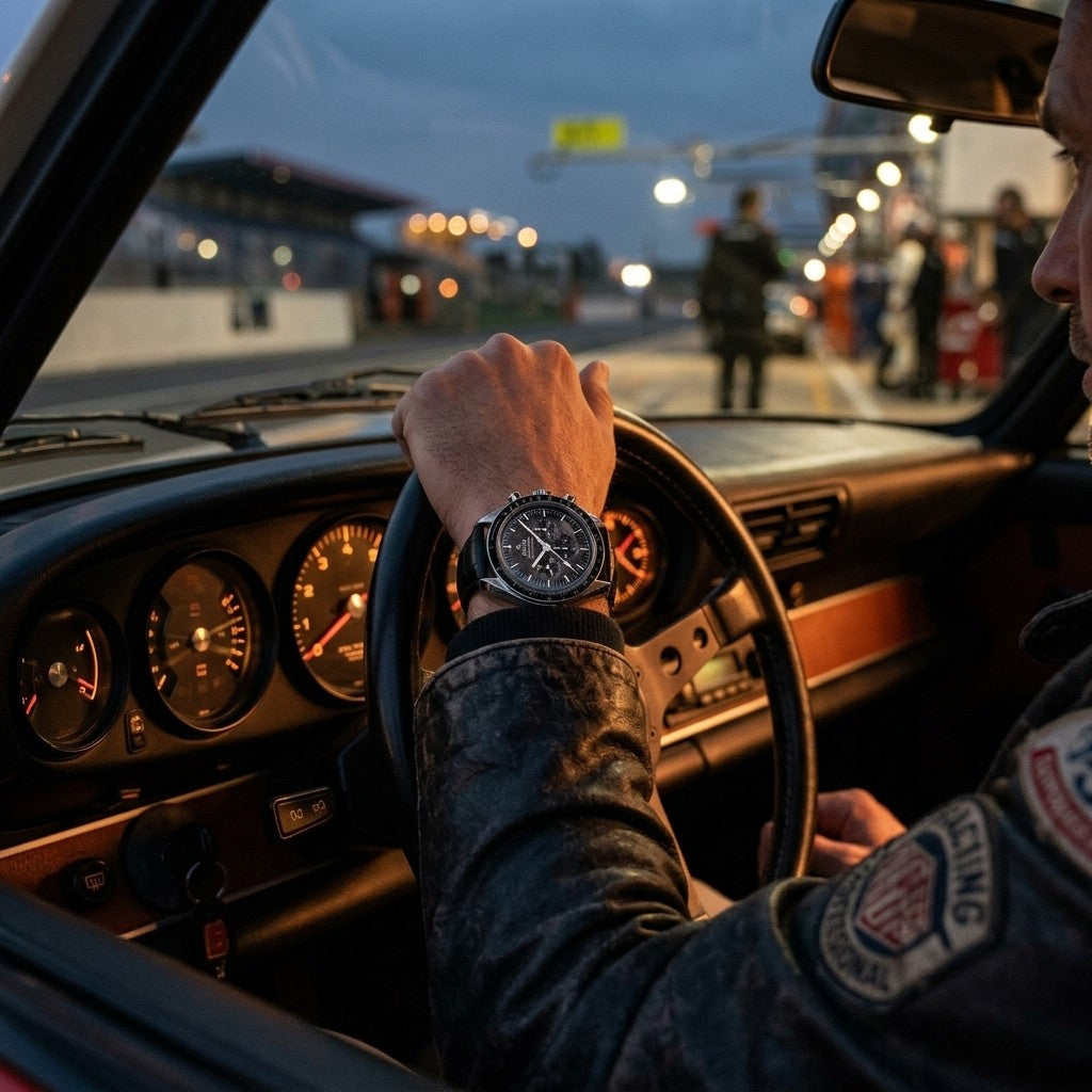 Omega Speedmaster Calibre 321 42 mm — Platinum on Leather Strap — lifestyle