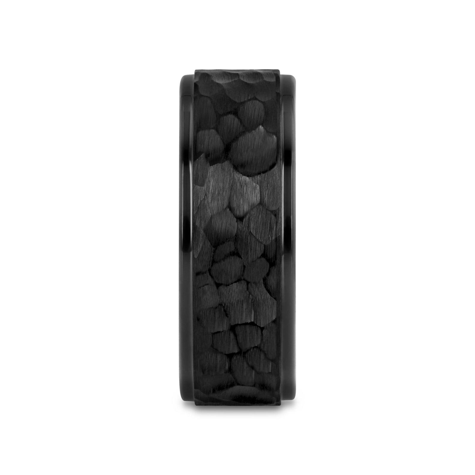REBEL Raised Hammer Finish Step Edge Black Tungsten Carbide Wedding Band with Brushed Finish - 6mm or 8mm