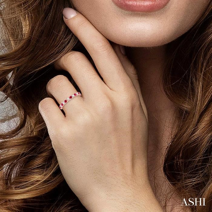 2.2 MM Round Cut Ruby and 1/5 Ctw Round Cut Diamond Precious Band in 14K Rose Gold
