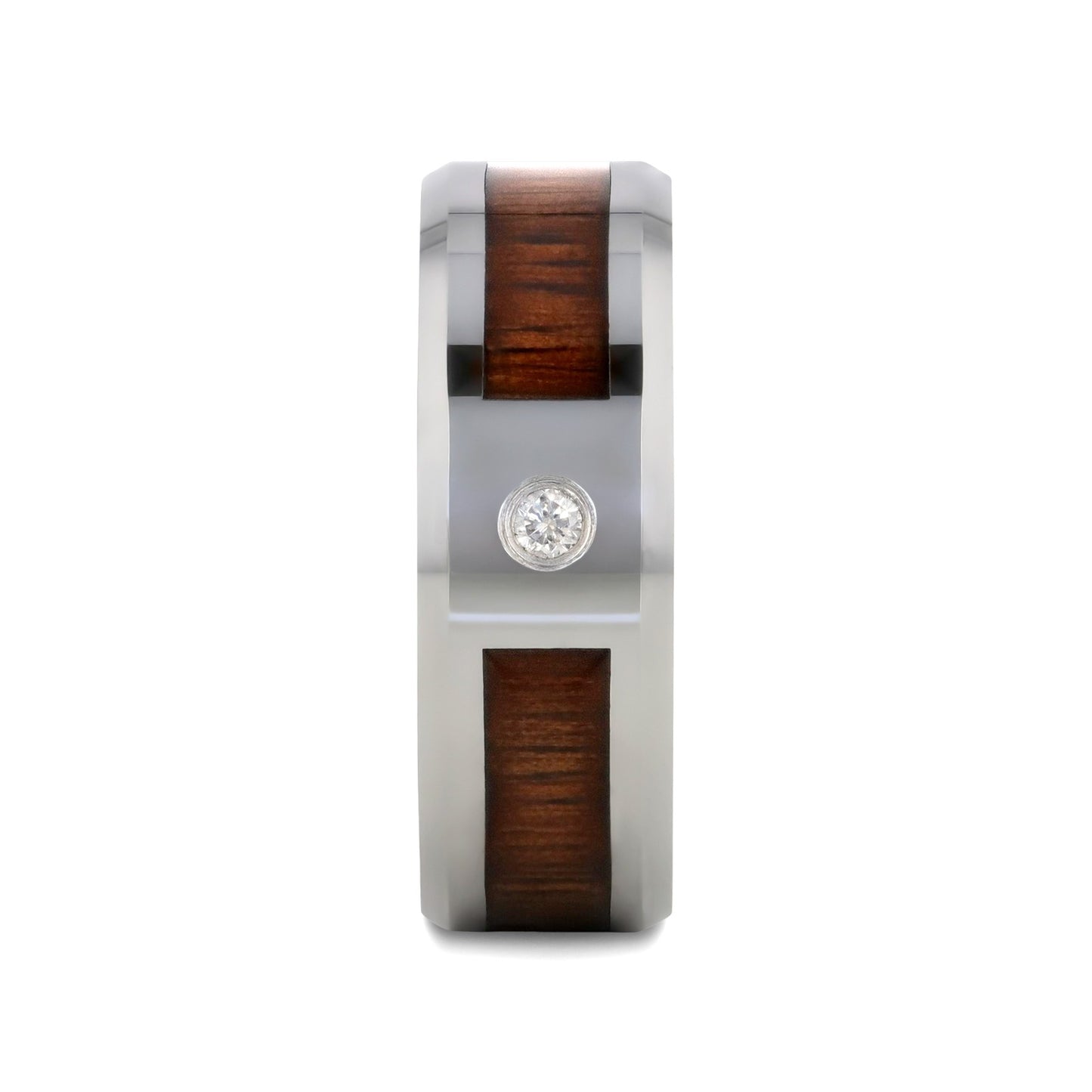 KAHUNA Tungsten Carbide Beveled Edged Diamond Wedding Band with Koa Wood Inlay & Polished Edges - 8mm