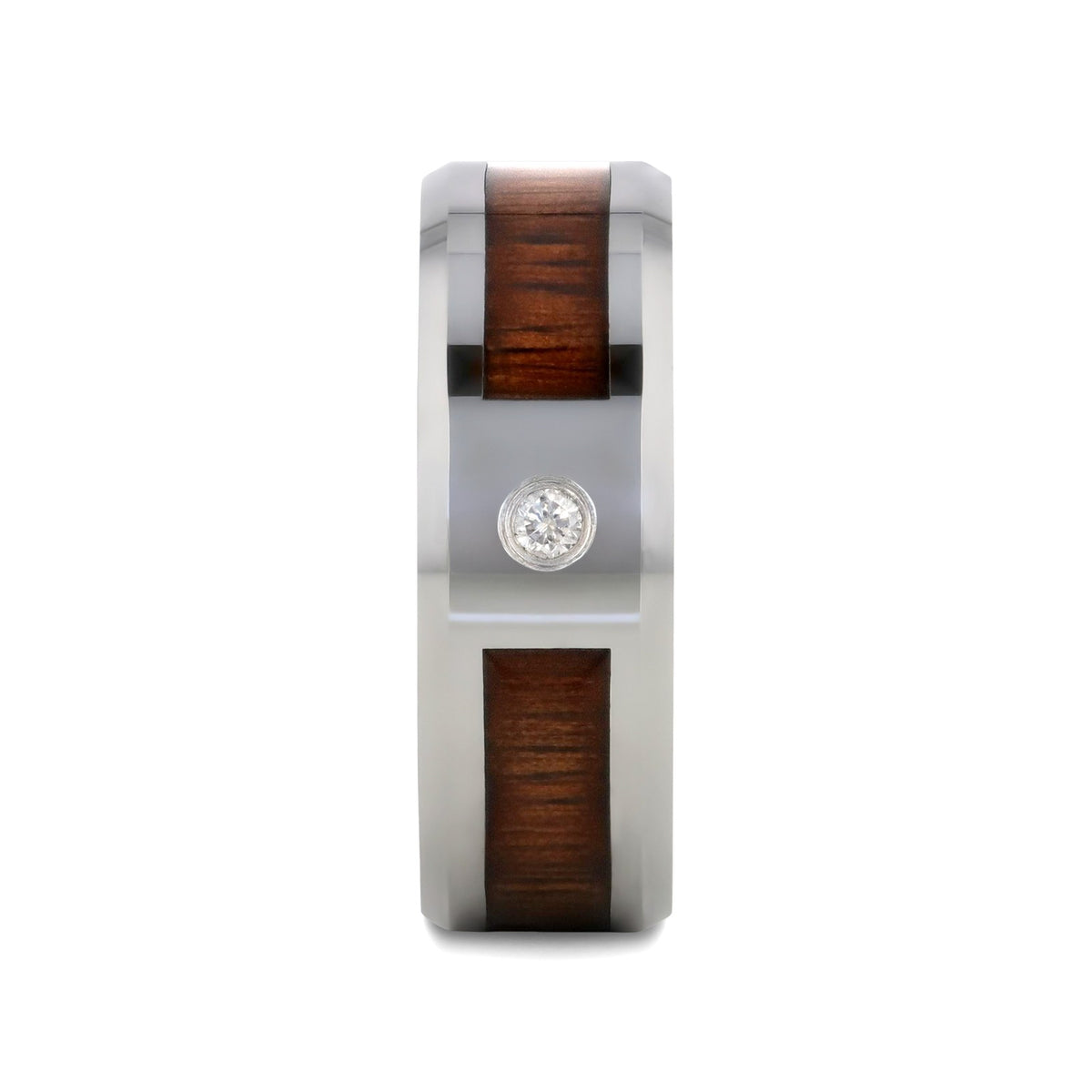 KAHUNA Tungsten Carbide Beveled Edged Diamond Wedding Band with Koa Wood Inlay & Polished Edges - 8mm