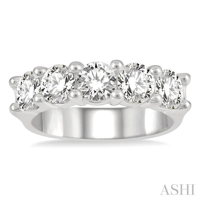 2 Ctw 5 Stone Round Cut Diamond Wedding Band in 14K White Gold