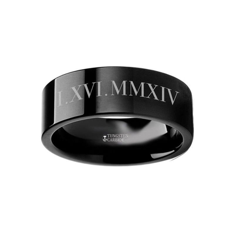 Roman Numeral Date Engraved Flat Black Tungsten Ring Polished - 4mm - 12mm - 6mm
