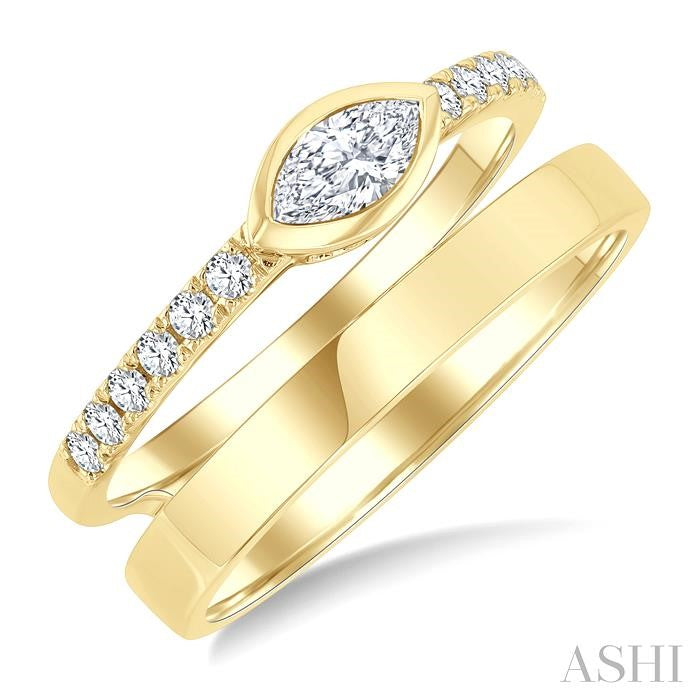 1/2 Ctw Split Twin Band Marquise and Round Cut Diamond Fashion Ring in 14K Yellow Gold