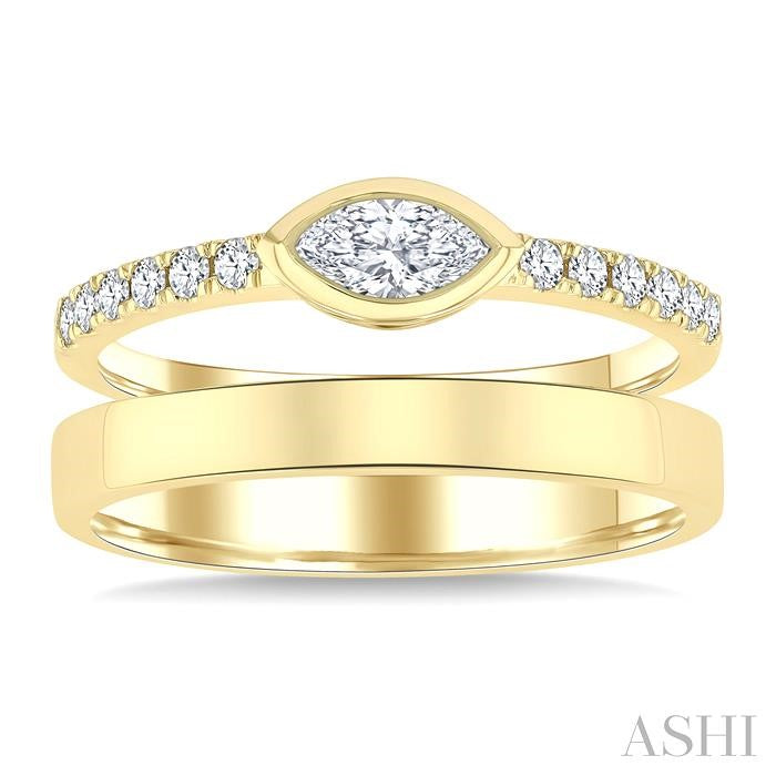 1/2 Ctw Split Twin Band Marquise and Round Cut Diamond Fashion Ring in 14K Yellow Gold
