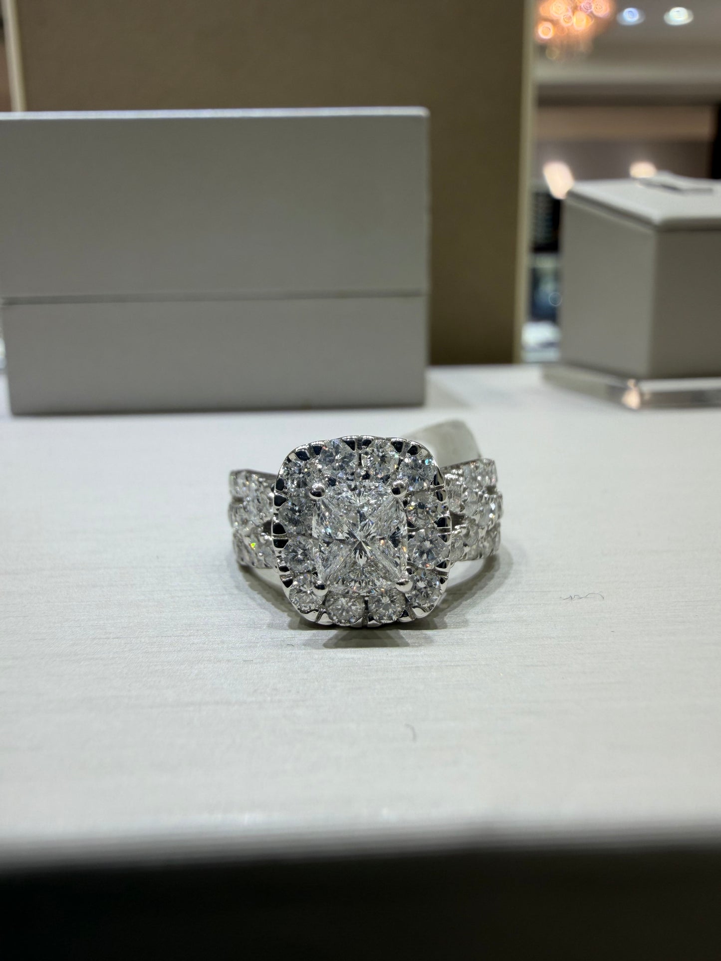 2.00 CTW Elongated Radiant-Style Composite Diamond Halo Engagement Ring in 14K White Gold – G Color, SI1-SI