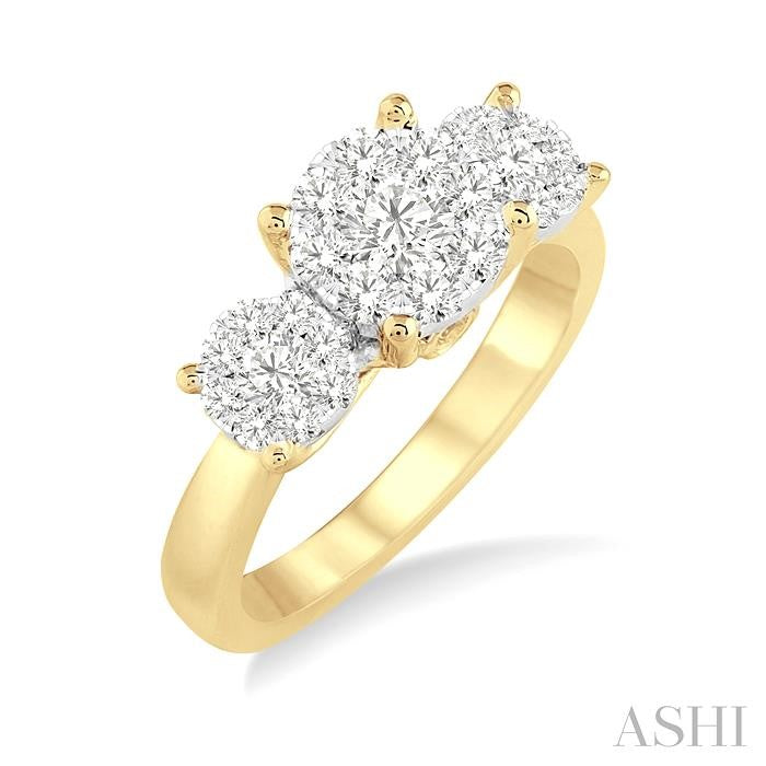 3/4 Ctw Past Present and Future Lovebright Round Cut Diamond Ring in 14K Yellow and White Gold