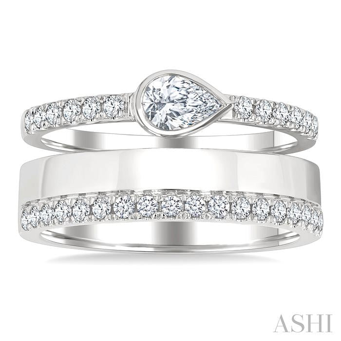 3/4 Ctw Split Twin Row Bezel Set Pear and Round Cut Diamond Fashion Ring in 14K White Gold