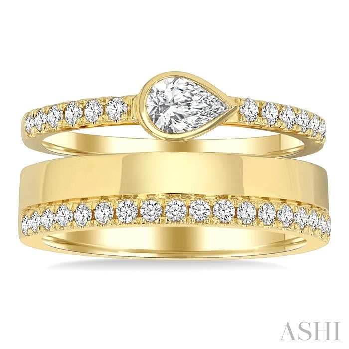 3/4 Ctw Split Twin Row Bezel Set Pear and Round Cut Diamond Fashion Ring in 14K Yellow Gold