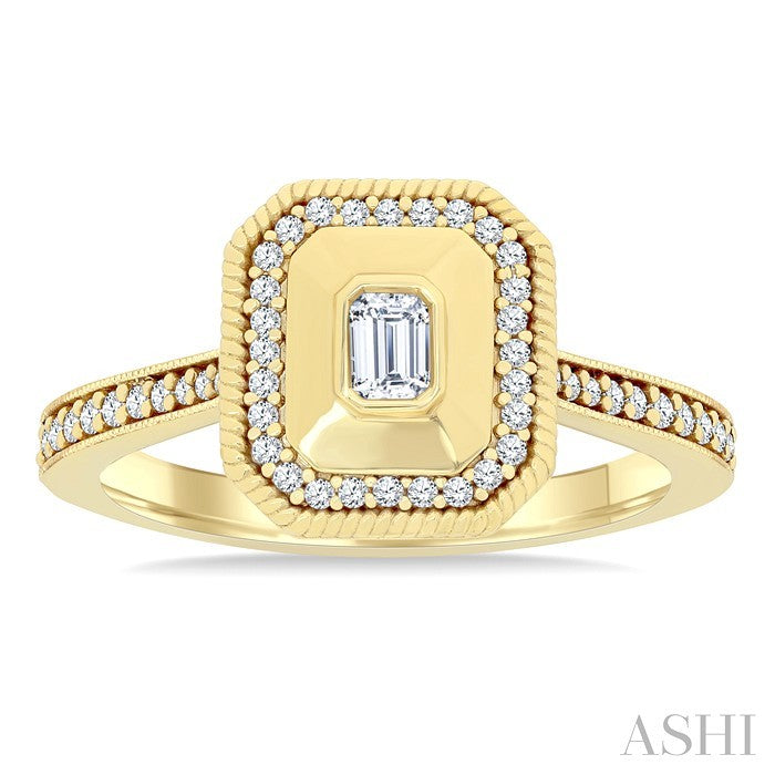 1/3 Ctw Octagonal Shaped Art Deco Emerald and Round Cut Diamond Fashion Ring in 14K Yellow Gold