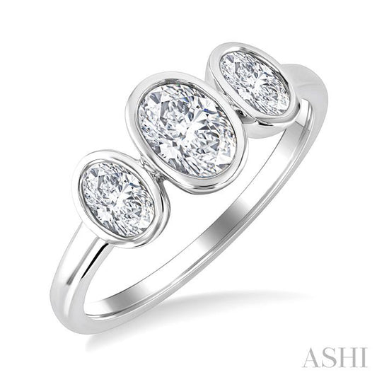 1 Ctw 3-Stone Bezel Set Oval Cut Diamond Ring in 14K White Gold