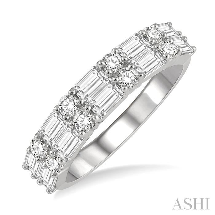 1 1/5 Ctw Double Baguette and Round Cut Diamond Fashion Band in 14K White Gold