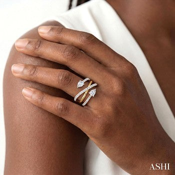 1 Ctw East West Pear and Round Cut Diamond Split Open-End Fashion Ring in 14K Yellow Gold