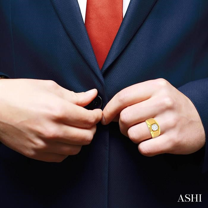 1/2 Ctw Basin Nestled Circular Mount Lovebright Round Cut Diamond Men's Ring in 10K Yellow and White Gold