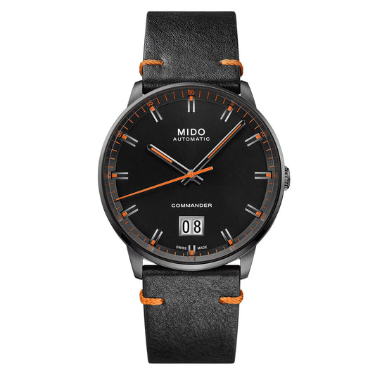 MIDO Commander Big Date Black Dial - Black PVD Stainless Steel Watch - Black Leather Strap - 42mm
