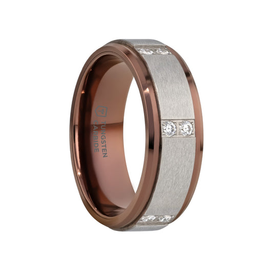 BEOWULF Raised Center Brushed Espresso Tungsten Carbide Wedding Band with Channel-Set Diamonds - 8mm