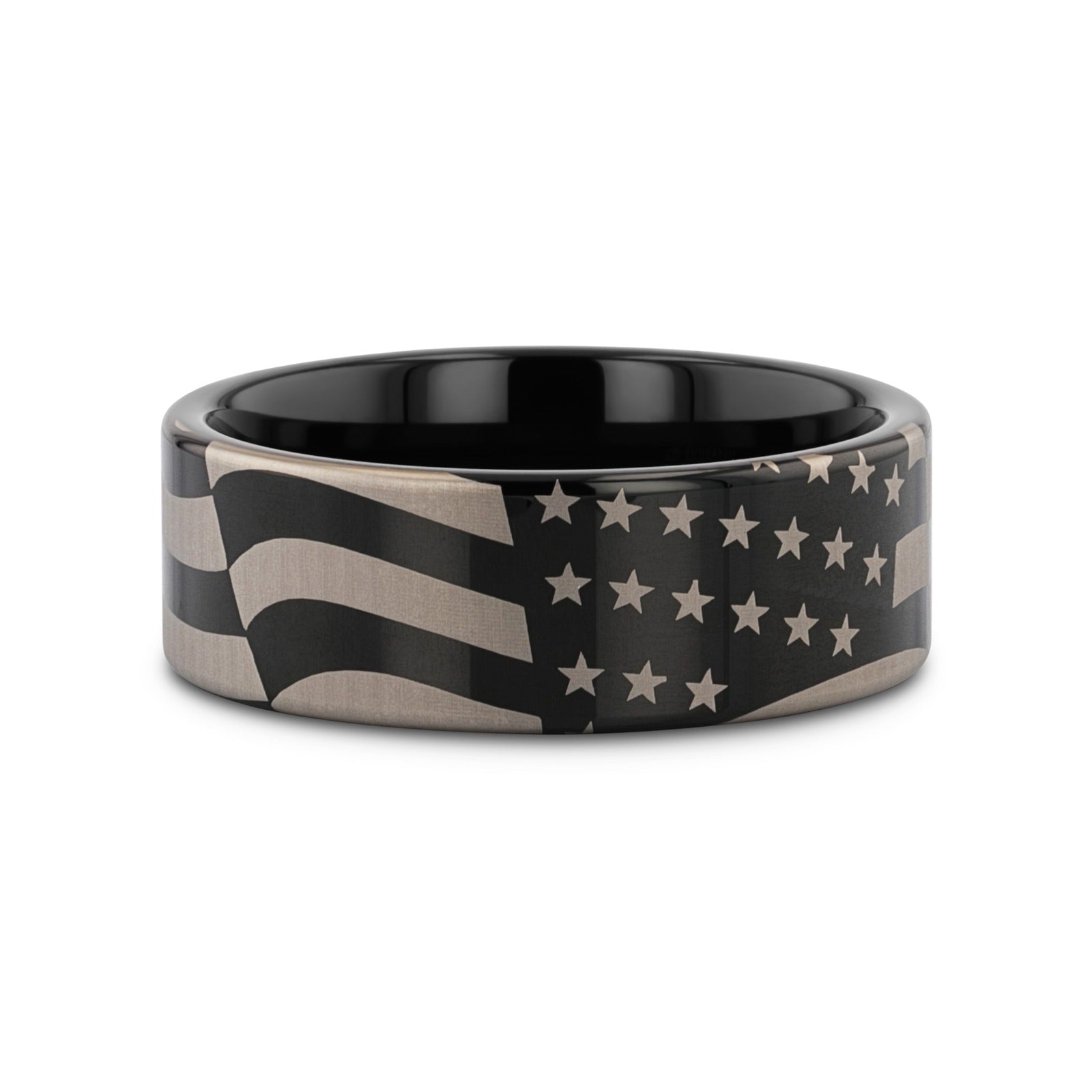 U.S. Flag Patriot Engraved Polished Flat Pipe Cut Black Tungsten Ring - 6mm - 12mm