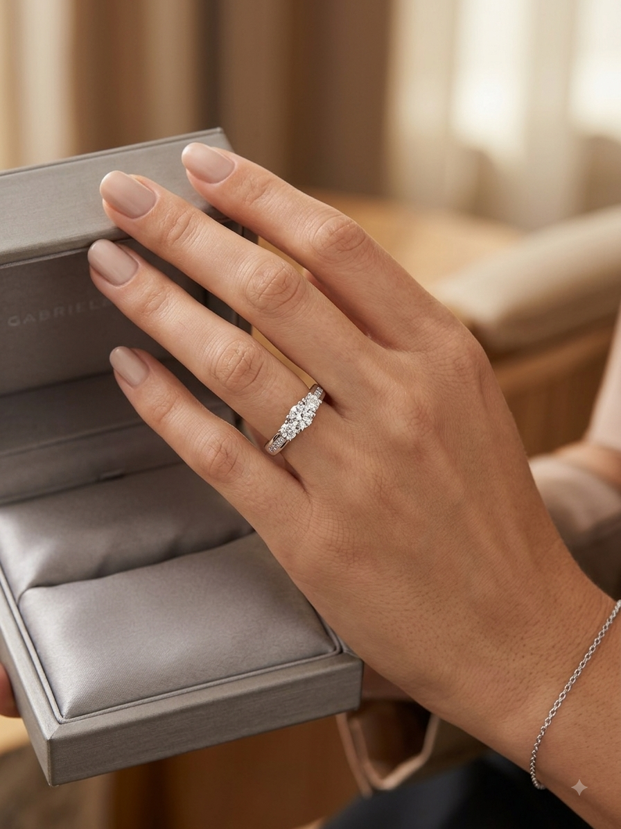 14K White Gold Three-Stone Diamond Engagement Ring with Peekaboo Diamonds – 0.75 CTW