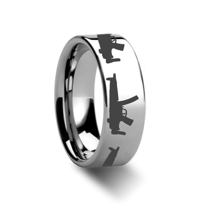 MP5 Firearm Design Engraved Flat Tungsten Ring - 4mm - 12mm - 6mm