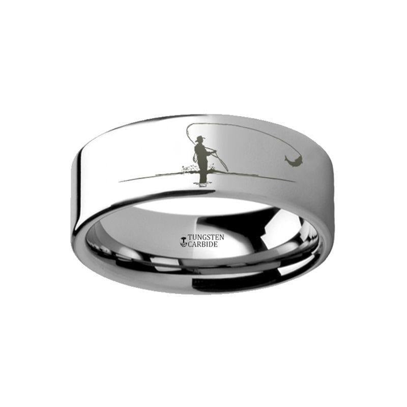 Hunting Landscape Scene Fly Fishing Fishermen Fish Engraved Flat Tungsten Ring - 4mm - 12mm - 8mm