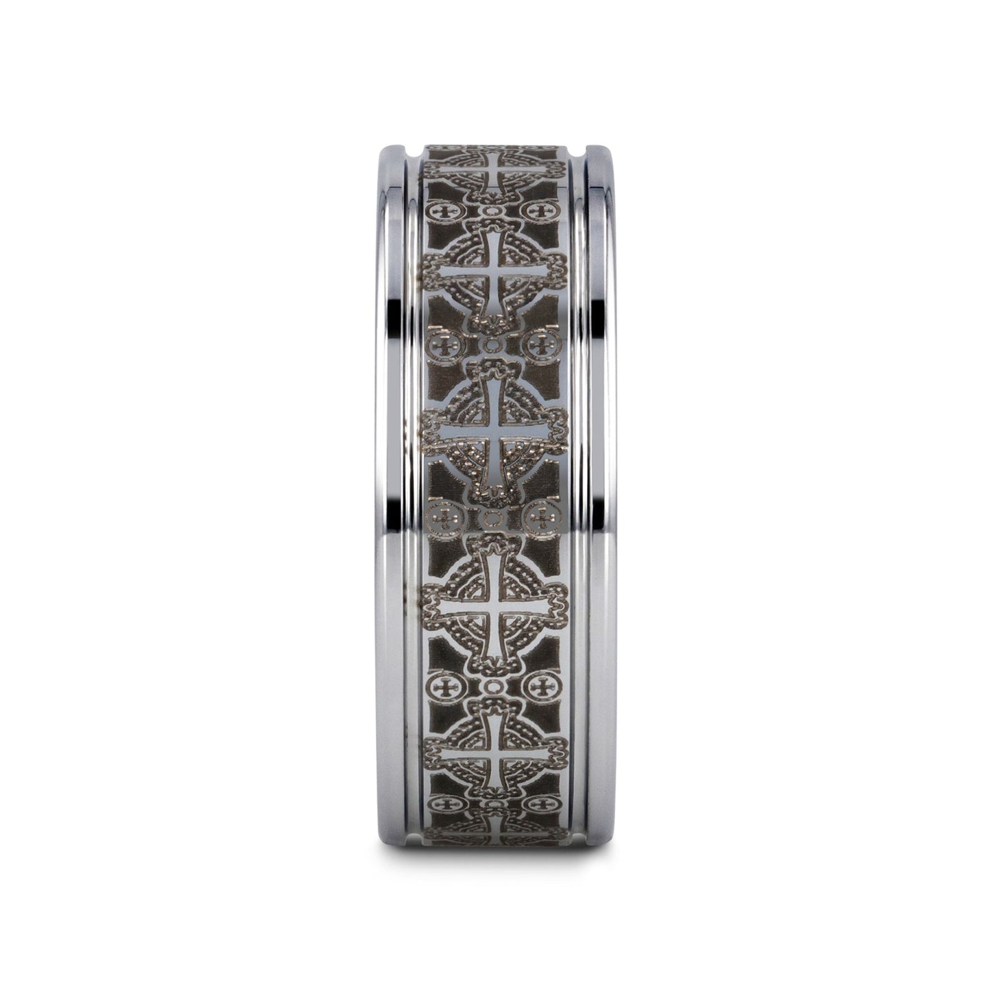 DEACON Flat Tungsten Ring Laser Engraved Celtic Crosses - 8mm