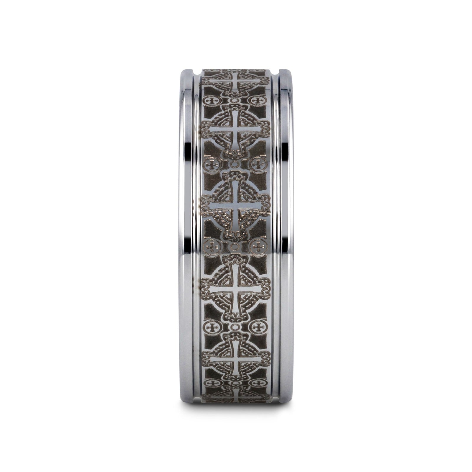 DEACON Flat Tungsten Ring Laser Engraved Celtic Crosses - 8mm