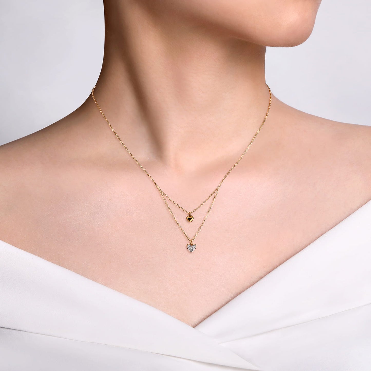 Gabriel & Co. 14K Yellow Gold Diamond Double Heart Pendant Necklace .06CTW