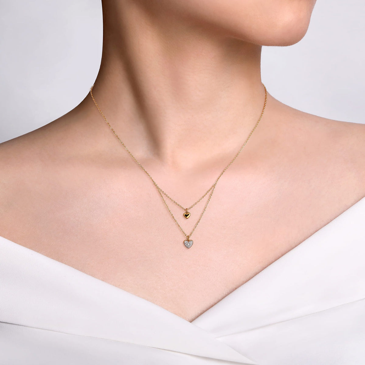 Gabriel & Co. 14K Yellow Gold Diamond Double Heart Pendant Necklace .06CTW