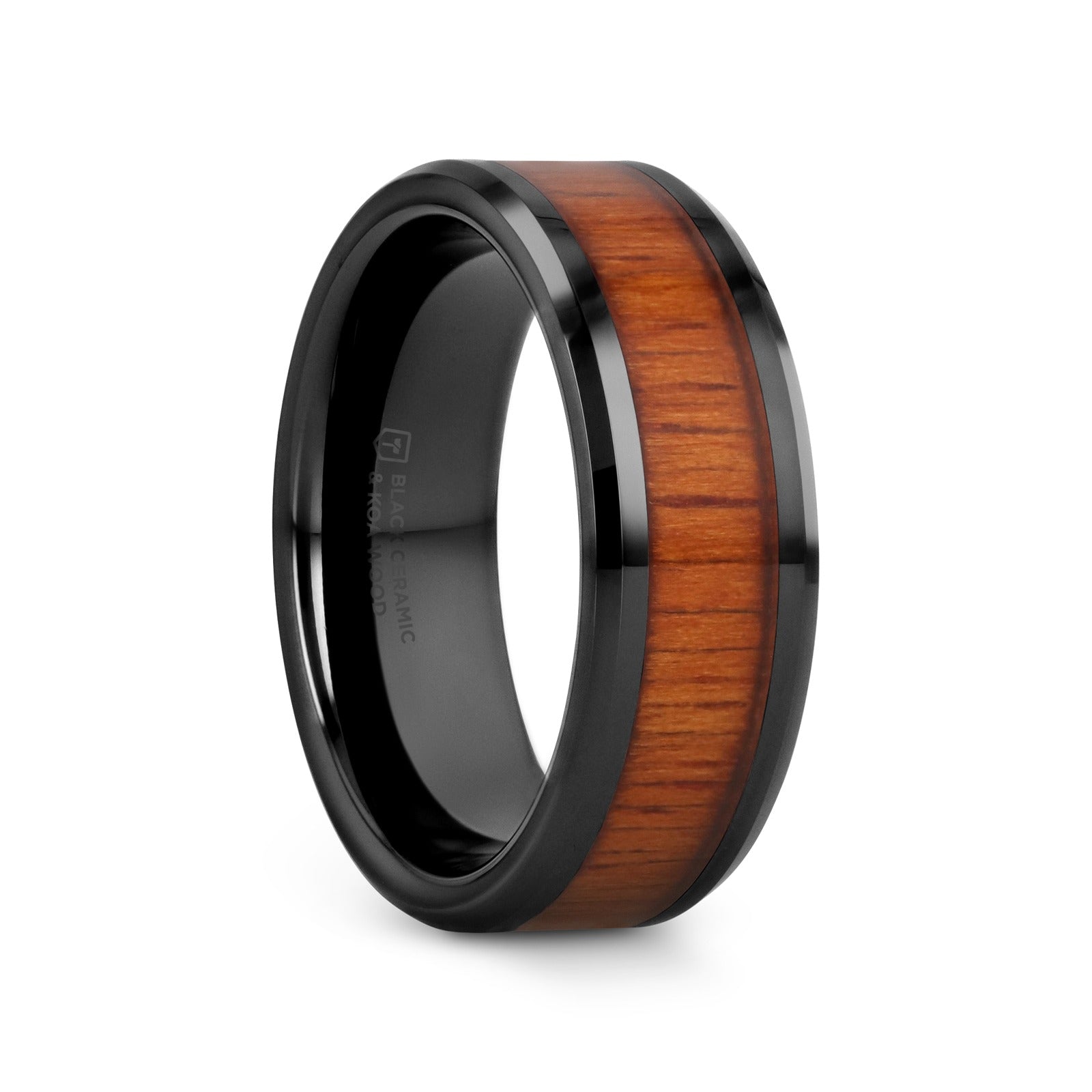 ACACIA Koa Wood Inlaid Black Ceramic Ring with Bevels - 4mm - 12mm - 8mm