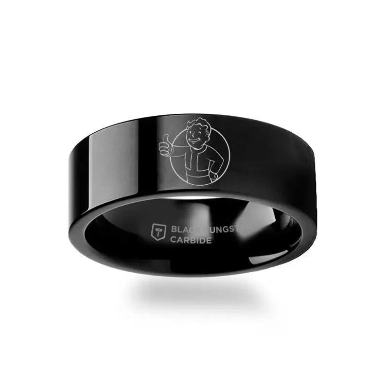 Fallout 4 Vault Boy Vault-Tec Mascot Symbol Polished Black Tungsten Engraved Ring Jewelry - 4mm - 12mm - 8mm