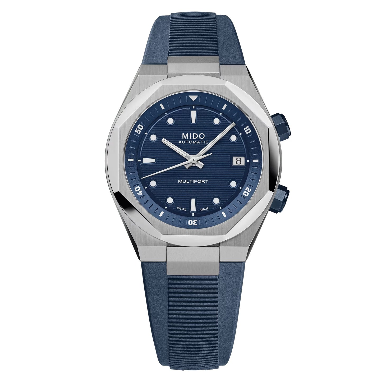 MIDO Multifort 8 Two Crowns Blue Dial Stainless Steel Watch Rubber Strap - 38.4 X 40mm