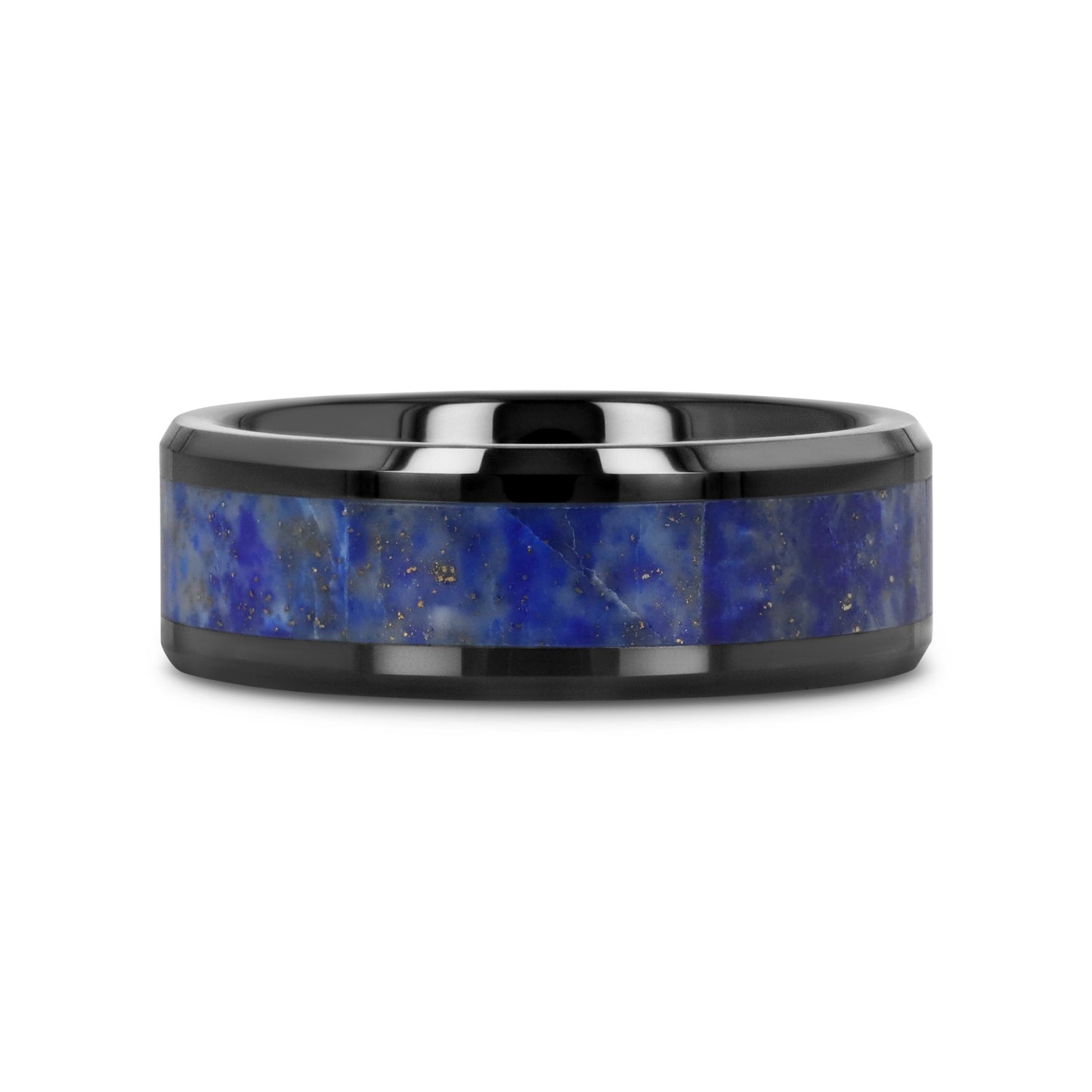 MARLOW Men’s Polished Black Ceramic Wedding Band with Blue Lapis Inlay & Beveled Edges - 8mm