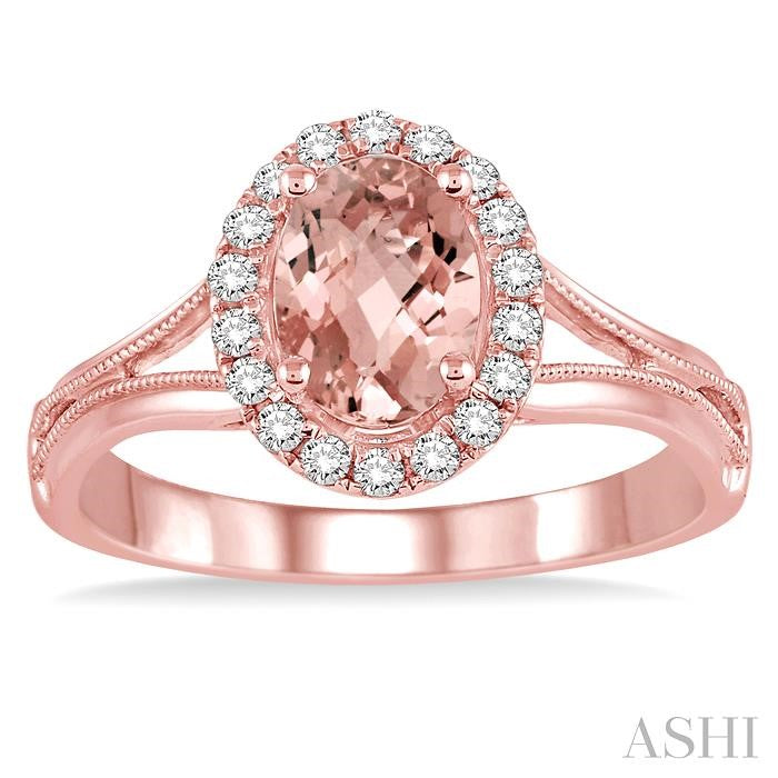7X5 MM Oval Shape Morganite and 1/6 Ctw Round Cut Diamond Ring in 14K Rose Gold