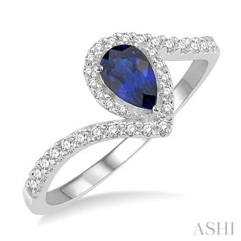 6X4 MM Pear Shape Sapphire and 1/5 Ctw Round Cut Diamond Precious Ring in 10K White Gold